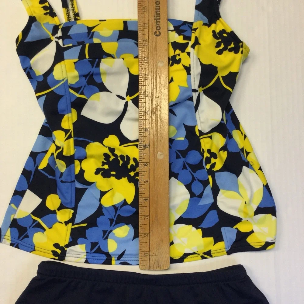 Caribbean Joe 2 Piece Swimsuit Floral Top Skirt‎ Bottom Solid Color Navy Sz Sm